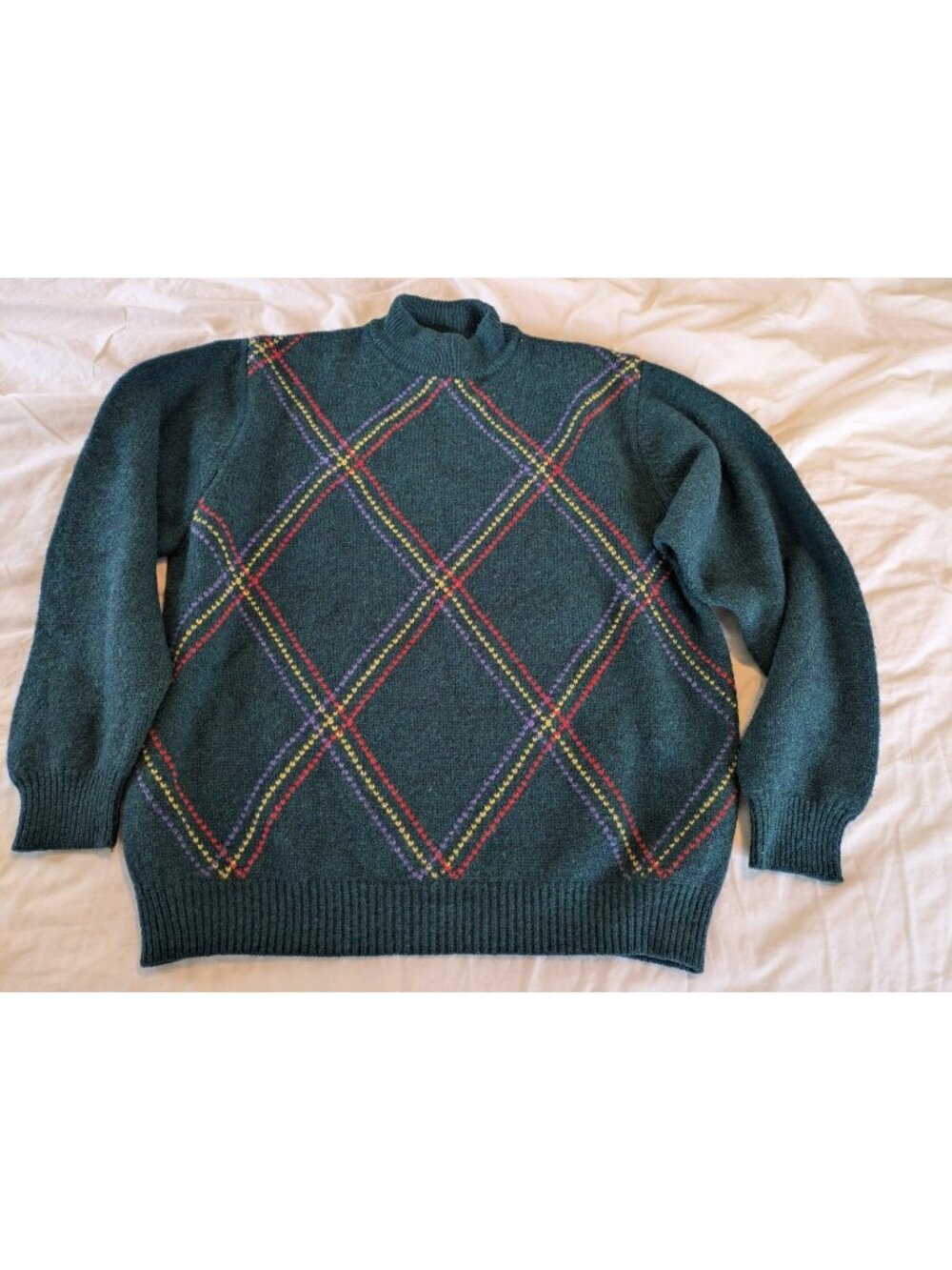 Vintage 90s Benetton Sweater Men's Sz XL Green Rainbow Argyle Wool Pullover EUC